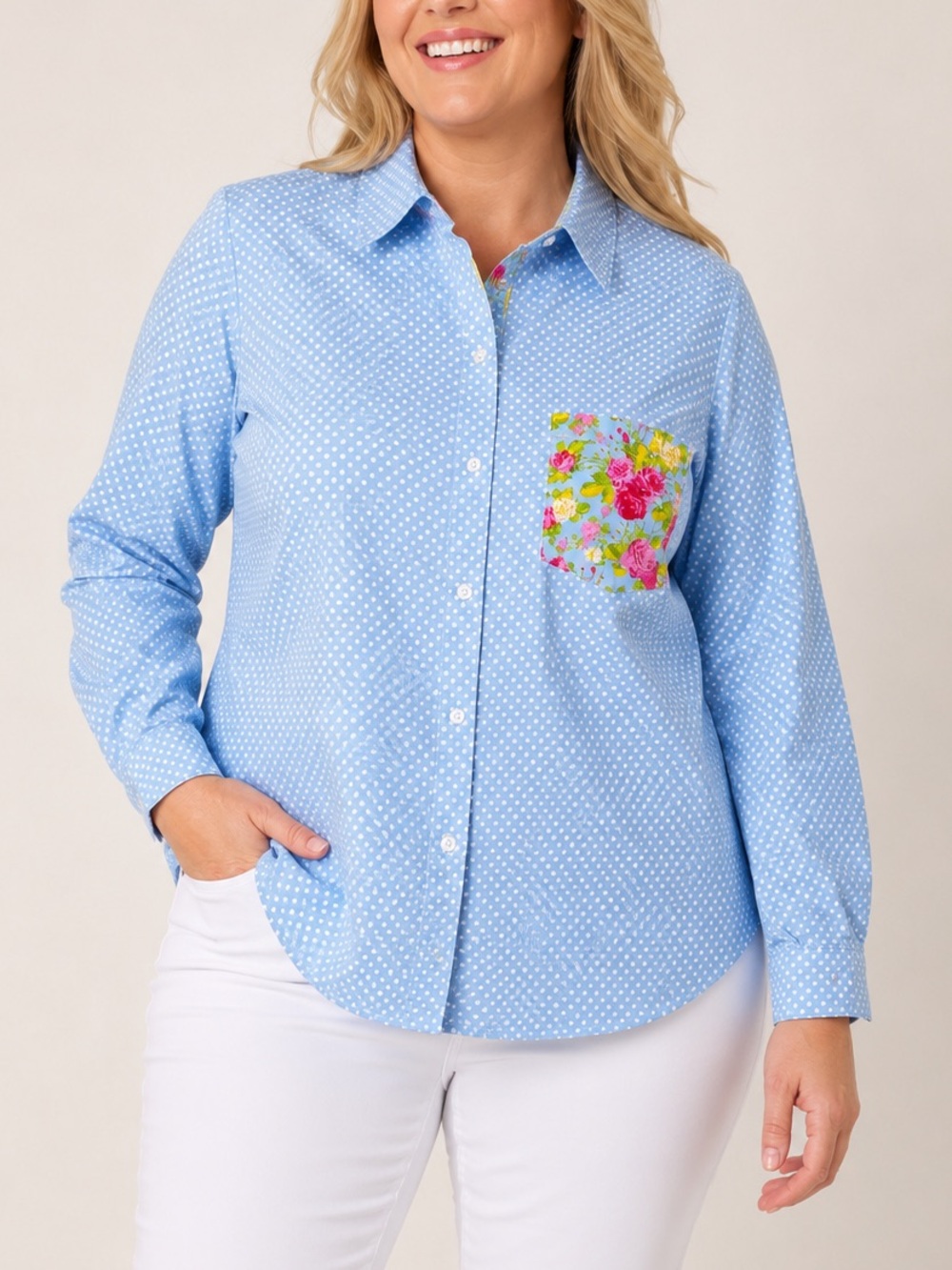 Susan Graver Blue Polka Dot Button Up Shirt Floral Contrast Pocket Cotton Sz 16